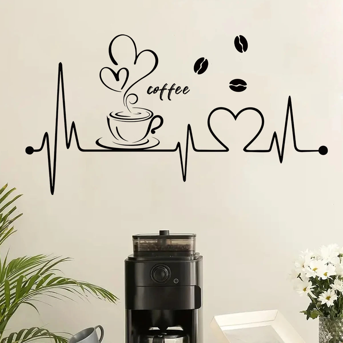 Close-up view of Heartbeat Coffee Pattern Wall Decal | Home Decor by HomeDecorDecals.