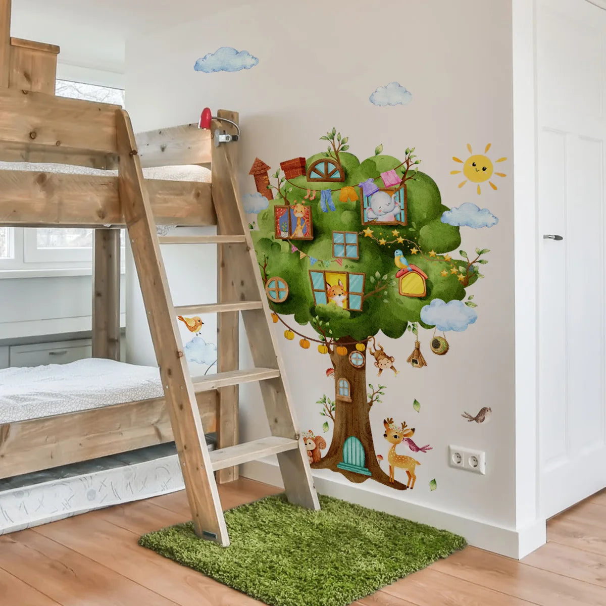Tree Treasure Box Cloud Cute Animal Creative Wall Stickers Bedroom Living Room Background Kindergarten Decoration Self Adhesive-HomeDecorDecals_com