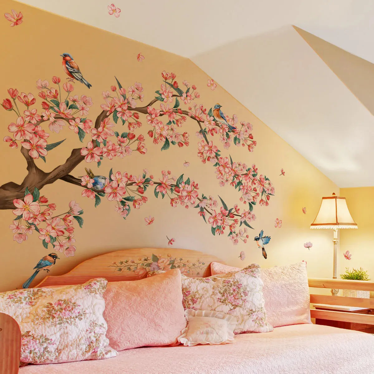 Creative Peach Blossom Bird and Branch Wall Decal | Home Decor displayed in room decor by HomeDecorDecals.