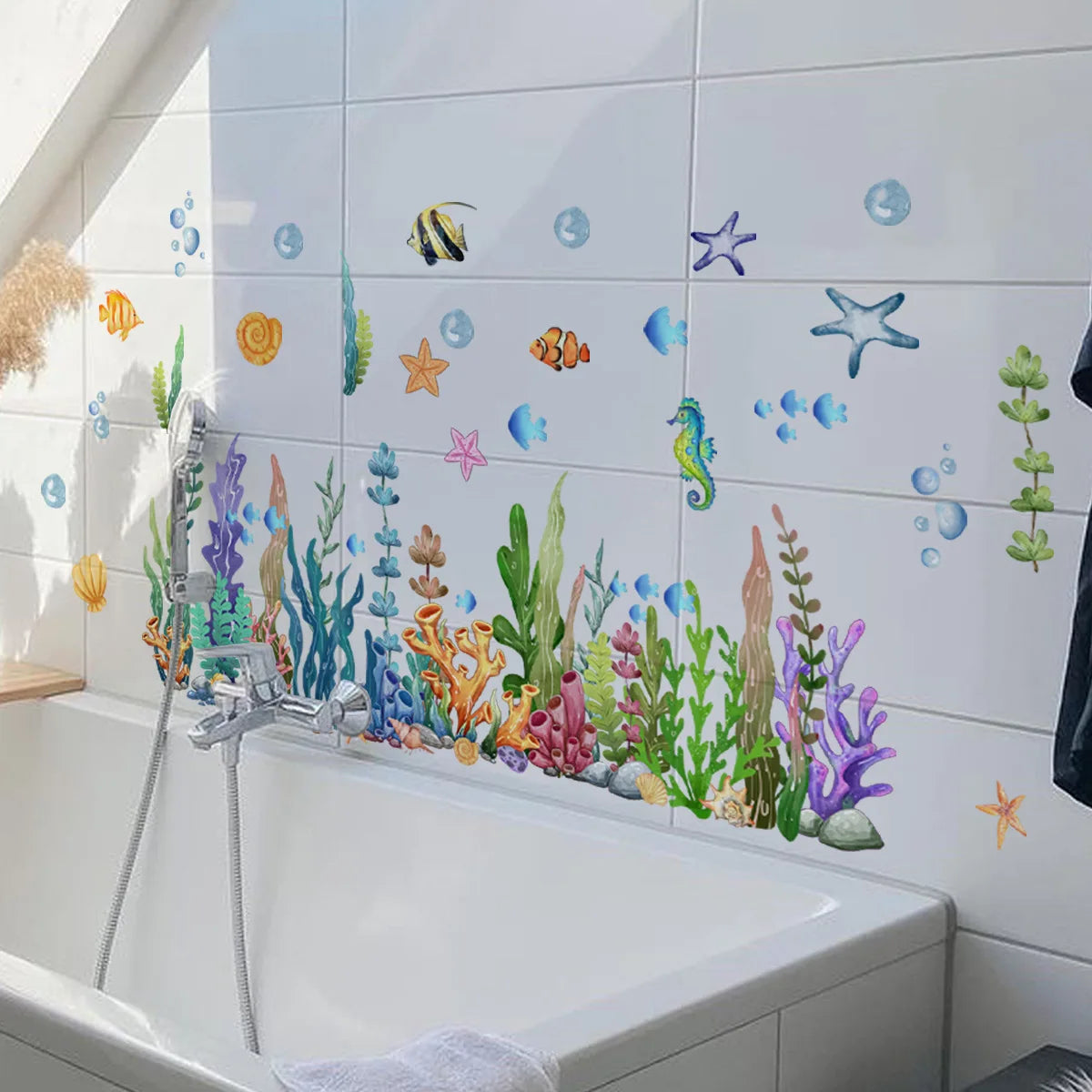 Ocean Sea Animals Fishes and Seaweed Coral Bathtub Sticker for Nursery Bathroom Shower Background Wall Self-Adhesive Decoration-HomeDecorDecals_com