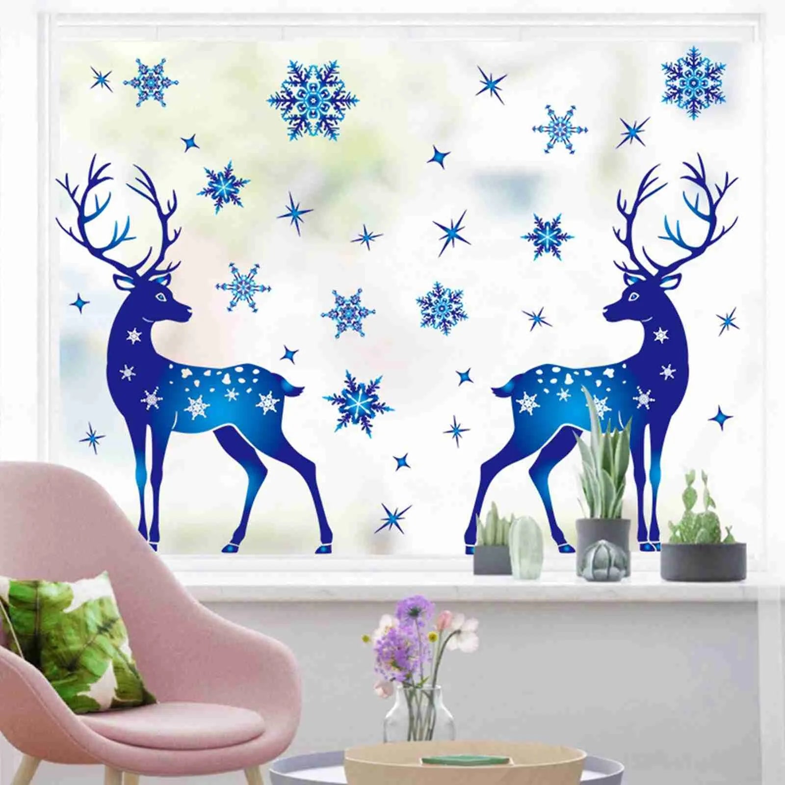 Christmas Window Clings Ornament Snowflake Sticker Glass Window Decoration Sticker Christmas Blue Snowflake Elk Wall Sticker-HomeDecorDecals_com