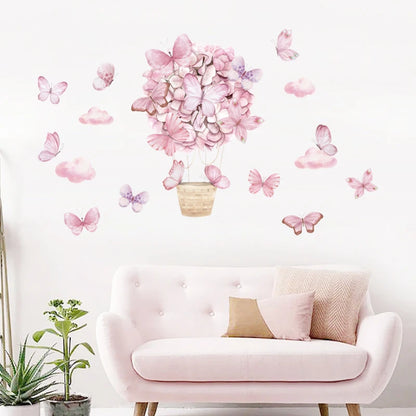 Pink Flower Hot Air Balloon Butterfly Wall Stickers for Kids Room Baby Nursery Wall Decals Bedroom Living Room Home Decor Murals-HomeDecorDecals_com