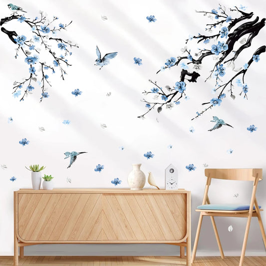 Watercolor Blue and White Porcelain Twig Bird Wall Stickers for Bedroom Living Room Tv Background Home Decoration Wall Decal-HomeDecorDecals_com