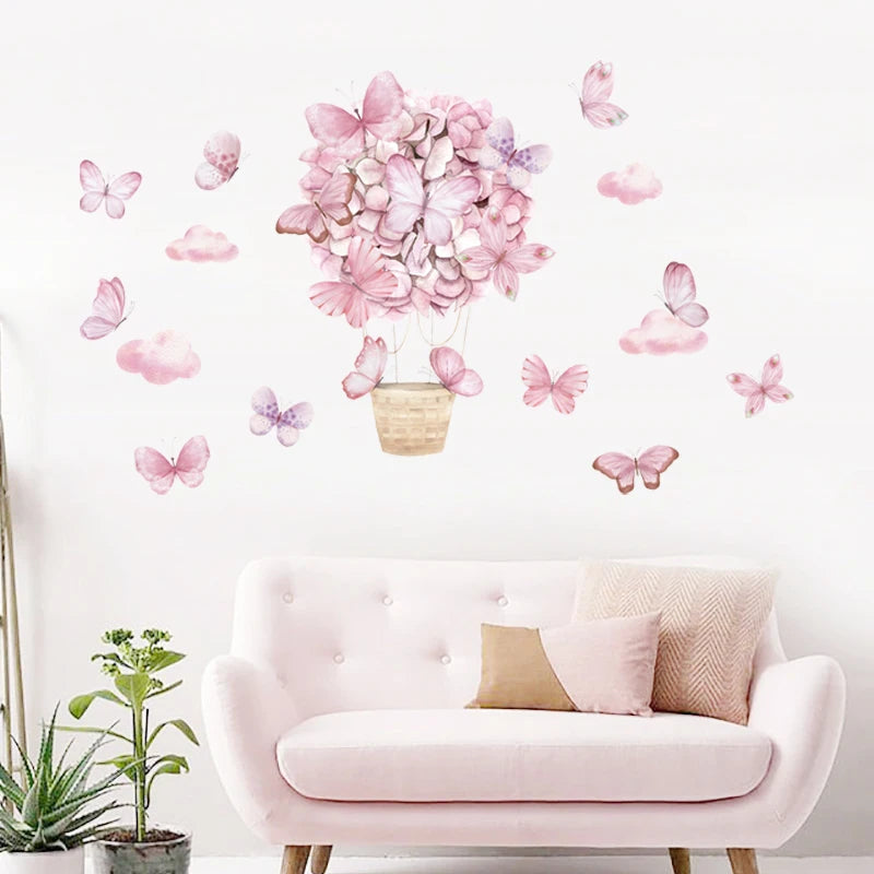 Pink Flower Hot Air Balloon Butterfly Wall Stickers for Kids Room Baby Nursery Wall Decals Bedroom Living Room Home Decor Murals-HomeDecorDecals_com
