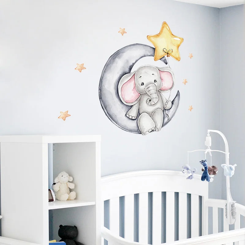 Cartoon Grey Baby Elephant Moon Gold Stars Wall Stickers for Kids Room Decor Nurserry Wall Decals Girl Boy Room Decorative-HomeDecorDecals_com