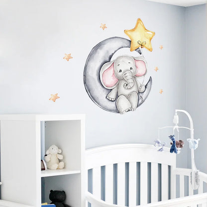 Cartoon Grey Baby Elephant Moon Gold Stars Wall Stickers for Kids Room Decor Nurserry Wall Decals Girl Boy Room Decorative-HomeDecorDecals_com