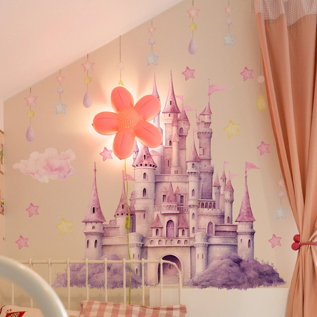 2sheet/set Pink Castle Wall Decals, Clouds Stars Wall Stickers, Balloon Wall Decor for Kids Girls Bedroom Nursery Home-HomeDecorDecals_com