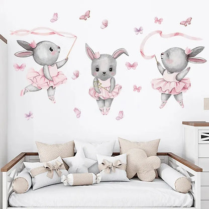 Cartoon Three Gray Rabbits Dancing Ballet Butterfly Wall Stickers for Kids Room Bedroom Nursery Home Decoration Wall Decal-HomeDecorDecals_com