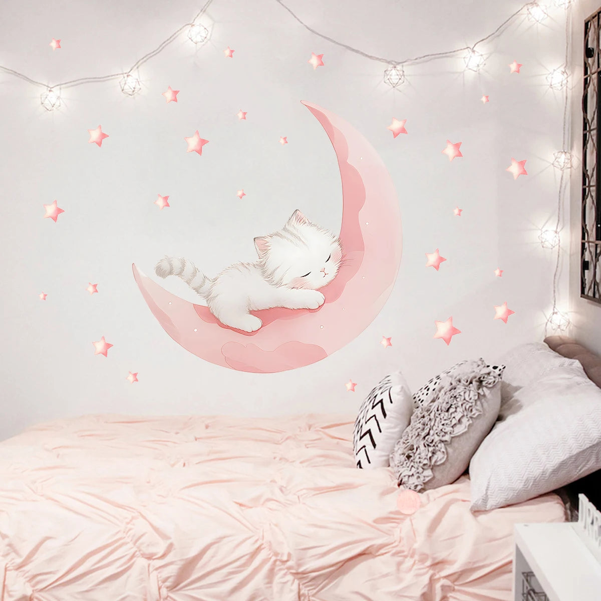Close-up view of Pink Moon Cat Sleep Wall Decal | Home Decor by HomeDecorDecals.