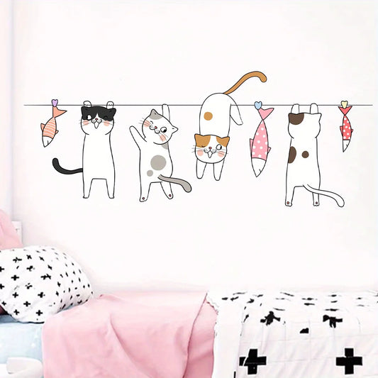 Cute Cat Clothesline Wall Decal | Kids Room Decor removable peel and stick wall decal by HomeDecorDecals.