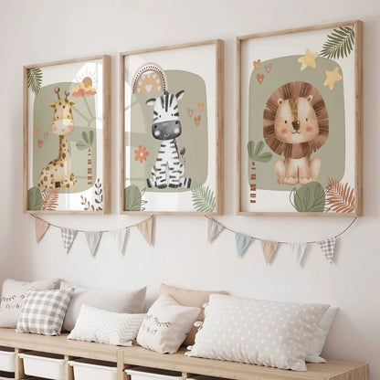 3pcs/set Giraffe Lion and Zebra Animal Canvas Print Safari Wall Art Kindergarten Poster for Modern Living Room Nursery Home Decor-HomeDecorDecals_com