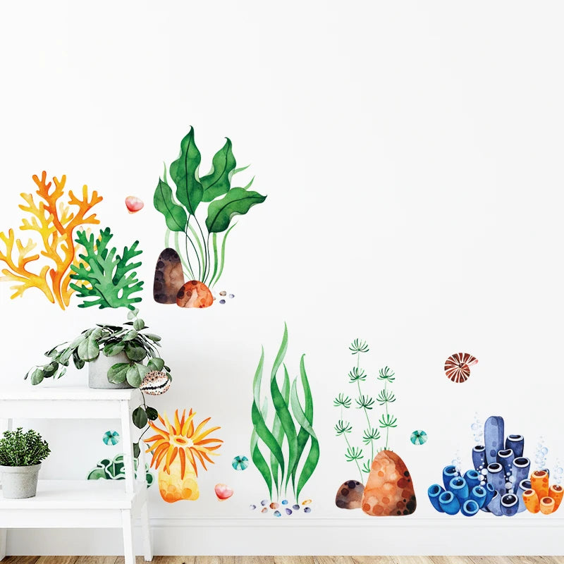Flower Blue Whale Fish Wall Stickers Underwater Seaweeds Coral Baby Nursery Room Wall Decals for Children Bathroom Living Room-HomeDecorDecals_com