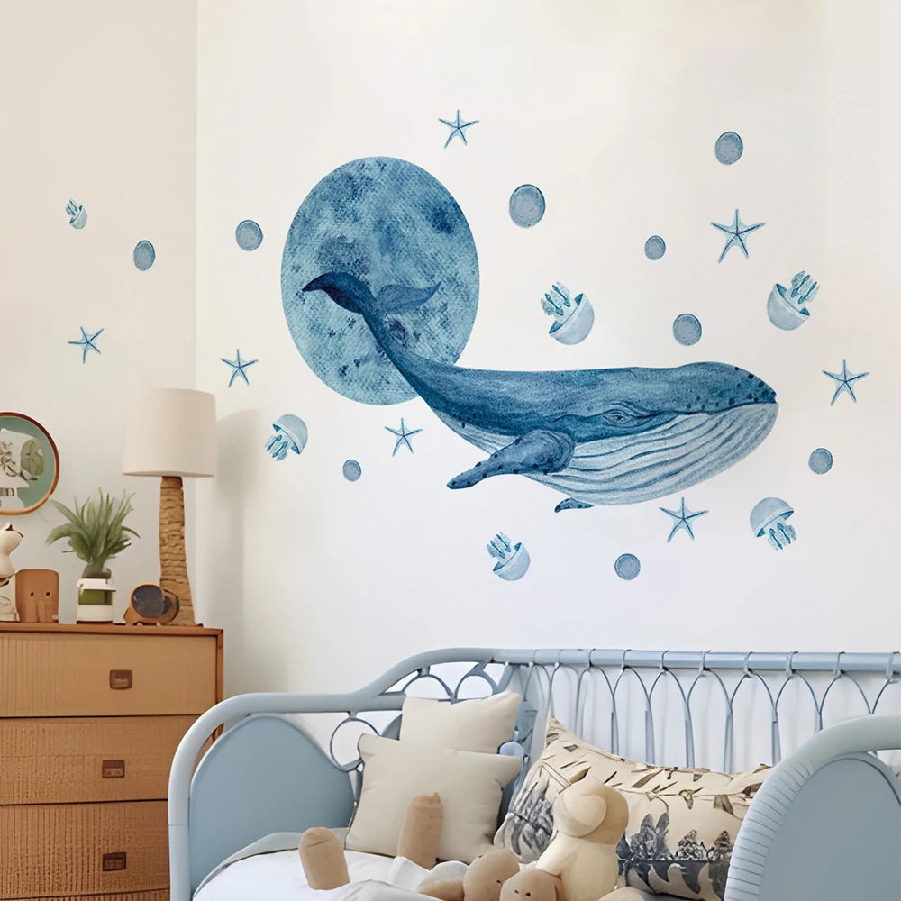 Large Watercolor Whales Wall Decals Ocean Medusa Animal Wall Sticker Under The Sea Theme Decals Nursery Kids Room Decor-HomeDecorDecals_com