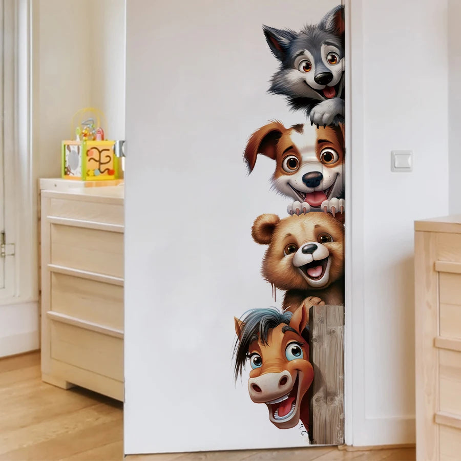 Funny Animal Wall Stickers With Horse Bear Dog And Wolf, Removable Self-Adhesive Animal Door Decals For Bedroom Hallway Decor-HomeDecorDecals_com