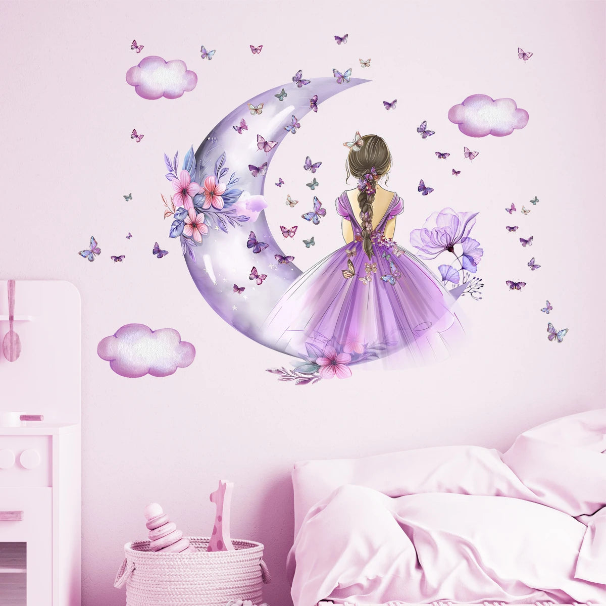 2Pcs Girl Cloud Moon Butterflies Wall Stickers Kids Girls Room Bedroom Decoration Home Decor Accessories Living Room Wall Decals-HomeDecorDecals_com