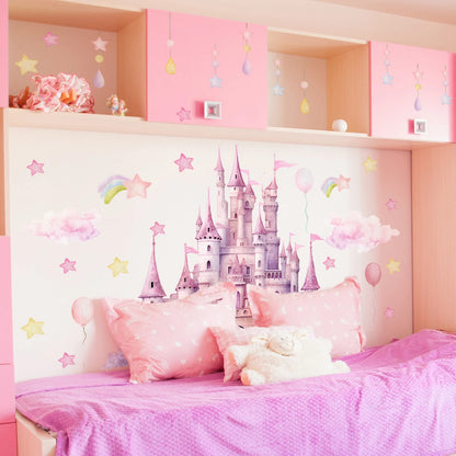 2sheet/set Pink Castle Wall Decals, Clouds Stars Wall Stickers, Balloon Wall Decor for Kids Girls Bedroom Nursery Home-HomeDecorDecals_com