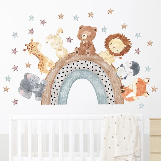 Watercolor Cartoon Animals Sitting on the Rainbow Stars Wall Stickers for Kids Room Baby Nursery Room Wall Decals Home Decor PVC-HomeDecorDecals_com