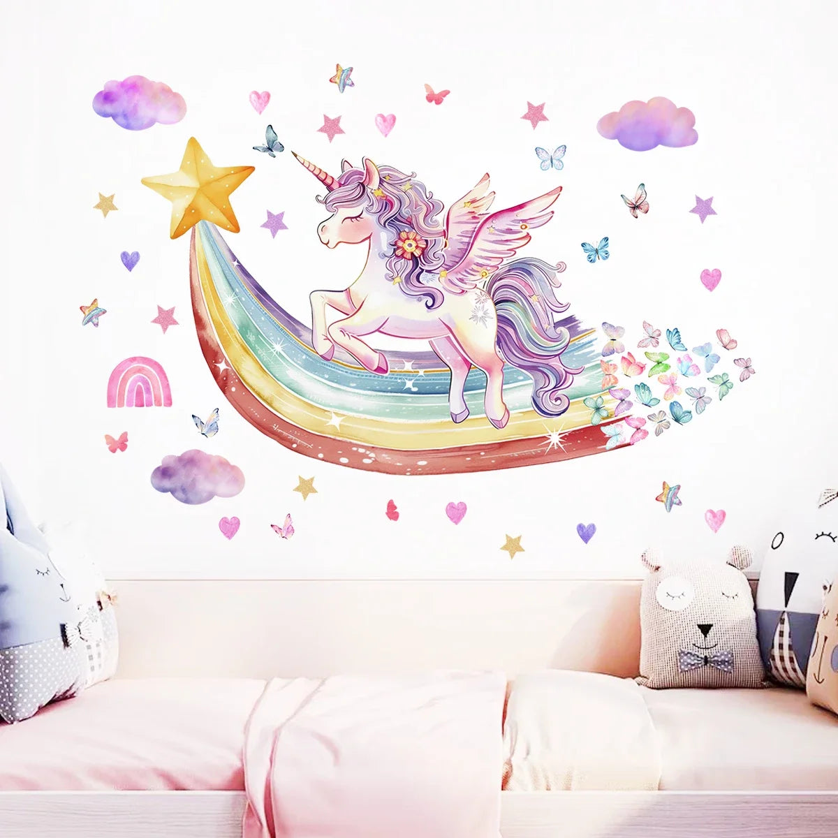 2Pcs Rainbow Unicorn Butterflies Wall Decal-HomeDecorDecals_com