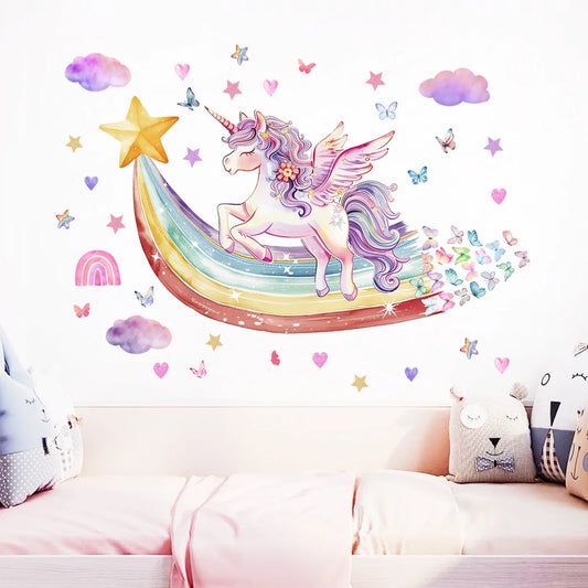 Rainbow Unicorn and Butterflies Wall Decal | Kids Room Decor removable peel and stick wall decal by HomeDecorDecals.