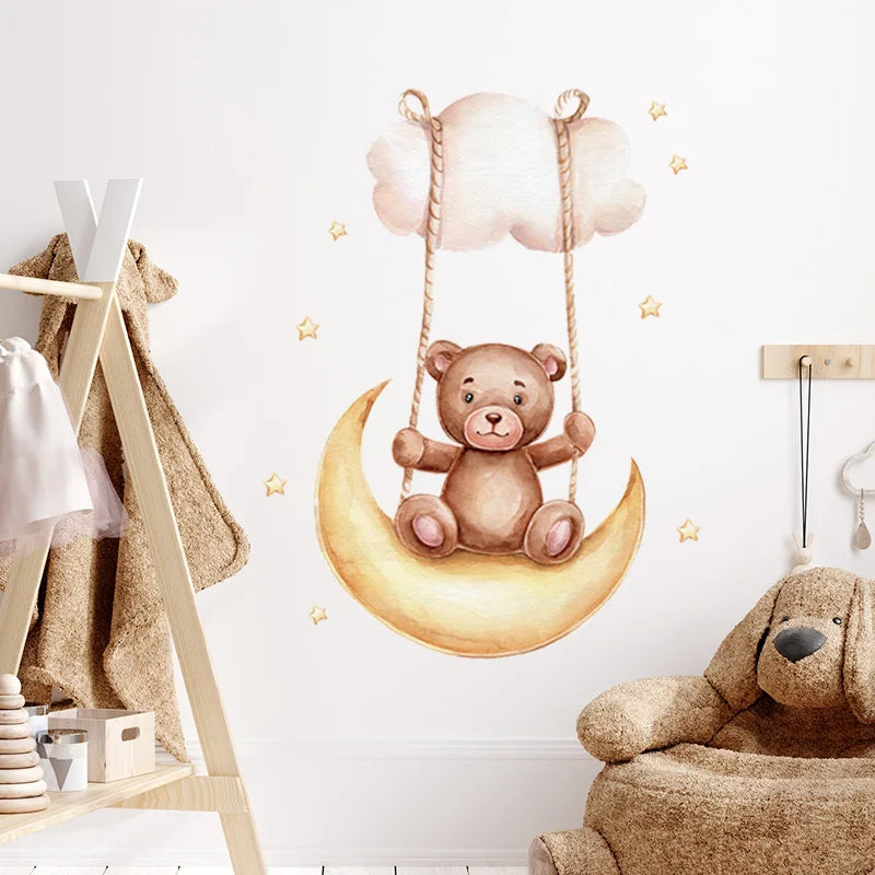 Cartoon Grey Baby Elephant Moon Gold Stars Wall Stickers for Kids Room Decor Nurserry Wall Decals Girl Boy Room Decorative-HomeDecorDecals_com