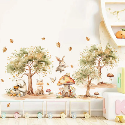 2Pcs Rural Tree Fox Rabbit Bear Wall Stickers Baby Room Decor for Home Decoration Essentials Kids Room Wall Decals Living Room-HomeDecorDecals_com