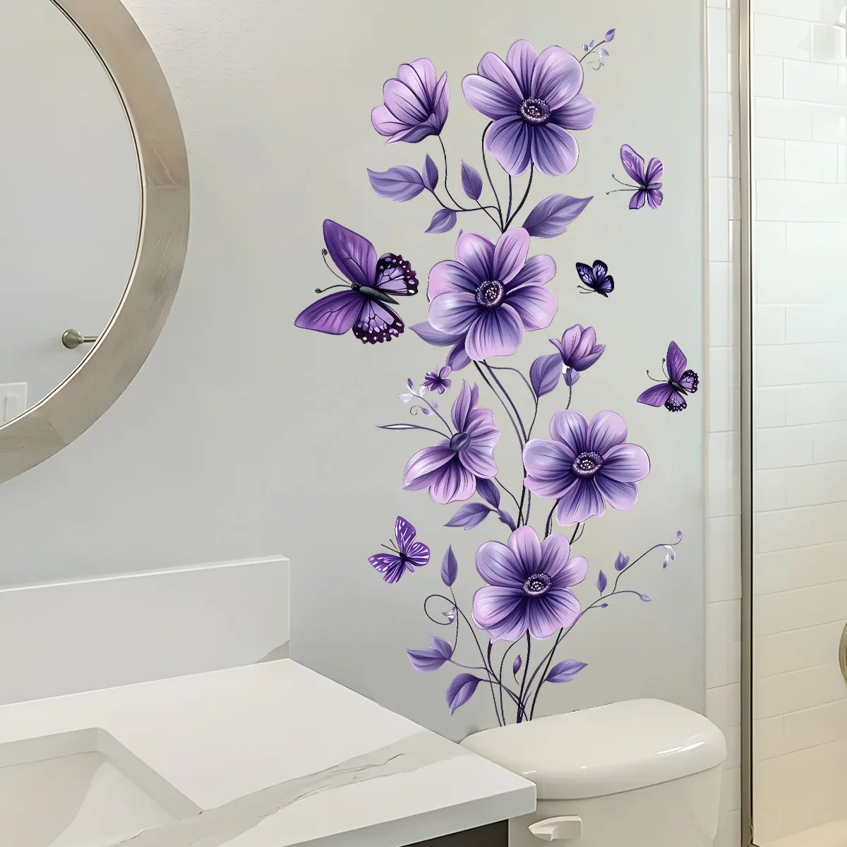 1PCS Purple Flowers Green Plants Butterfly Bedroom Living Room Wall Decoration Wall Stickers Home Accessories Self-Adhesive-HomeDecorDecals_com