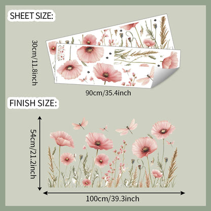Watercolour Pink Poppy and Dragonfly Wall Decal | Home Decor displayed in room decor by HomeDecorDecals.