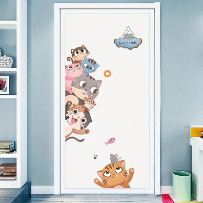 Close-up view of Cute Cat Smiling Face Peeking Animal Door Decal | Home Decor by HomeDecorDecals.