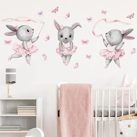 Cartoon Three Gray Rabbits Dancing Ballet Butterfly Wall Stickers for Kids Room Bedroom Nursery Home Decoration Wall Decal-HomeDecorDecals_com