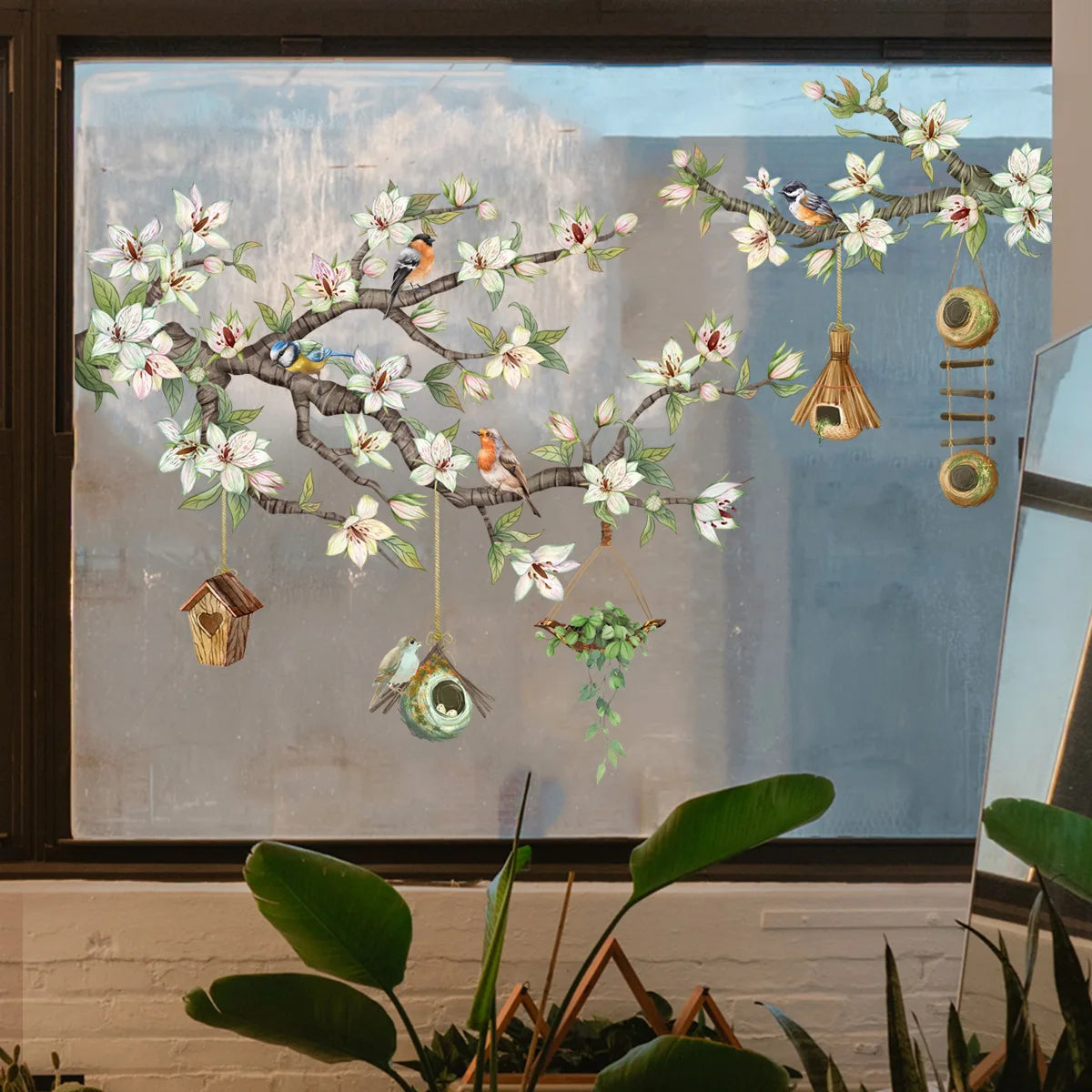 Close-up view of Birds on Flower Branch Window Wall Decal | Room Decor by HomeDecorDecals.