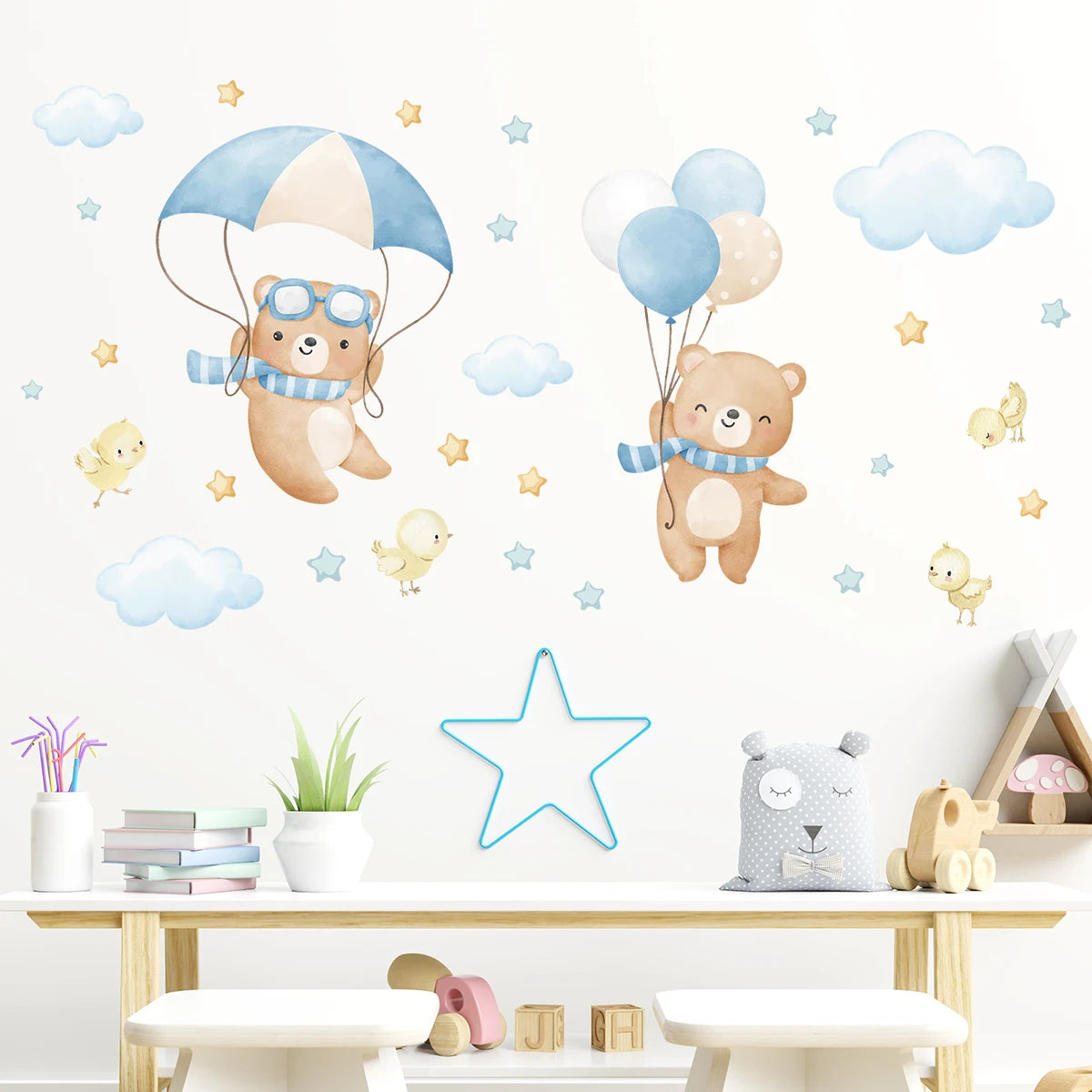 1Pc Cloud Star Cartoon Balloon Bear Wall Stickers for Kids Room Decor Wall Decals Bedroom Decoration Children's Home Nuresry-HomeDecorDecals_com