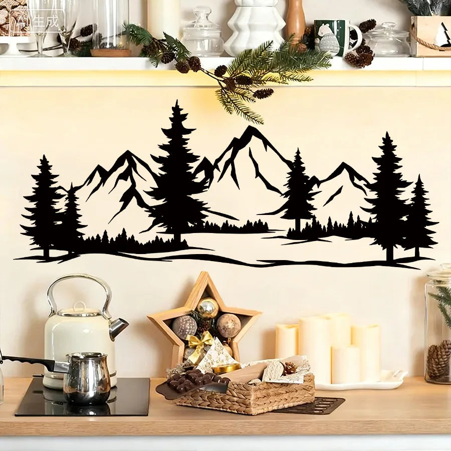 Black Mountain Pine Tree Wall Sticker, Scandinavian Silhouette Decal, Removable Nature Theme Art For Bedroom Living Room-HomeDecorDecals_com