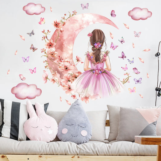 Cloud Moon Girls and Butterflies Wall Decal | Home Decor removable peel and stick wall decal by HomeDecorDecals.