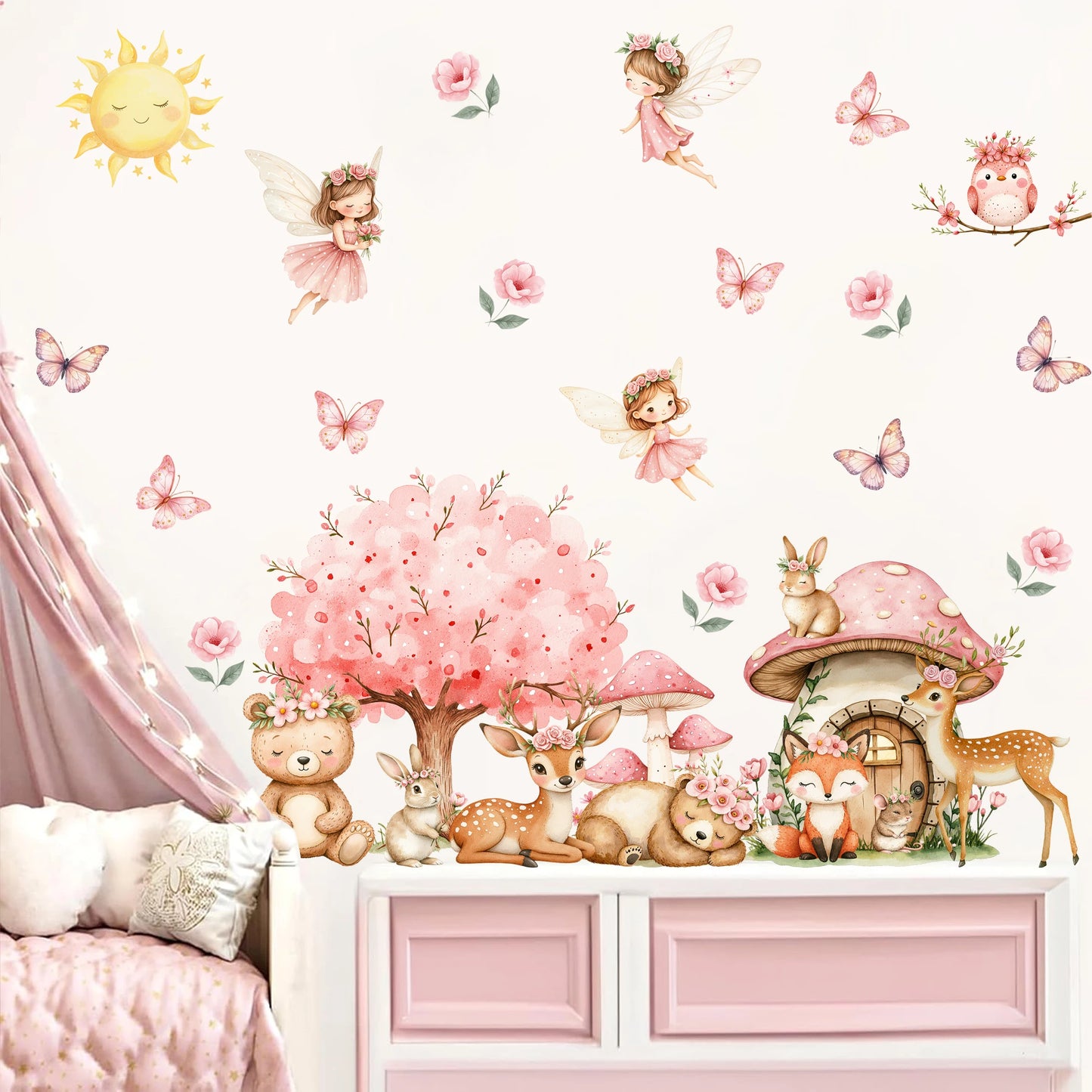 Cartoon Cute Fairy Mushroom House Plant Wall Sticker Flower Elves Wall Decals for Kids Room Baby Girl Nursery Room Bedroom Decor-HomeDecorDecals_com