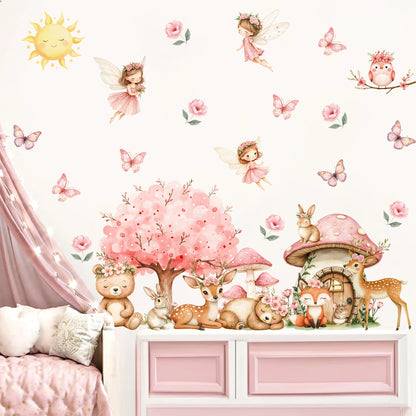 Cartoon Cute Fairy Mushroom House Plant Wall Sticker Flower Elves Wall Decals for Kids Room Baby Girl Nursery Room Bedroom Decor-HomeDecorDecals_com