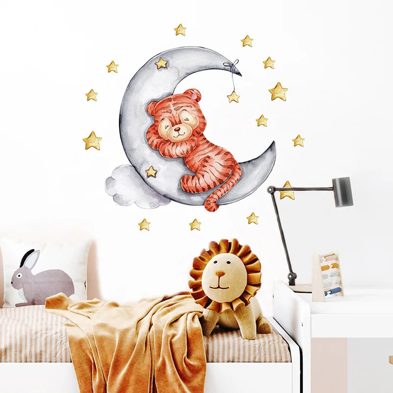 Cartoon Grey Baby Elephant Moon Gold Stars Wall Stickers for Kids Room Decor Nurserry Wall Decals Girl Boy Room Decorative-HomeDecorDecals_com