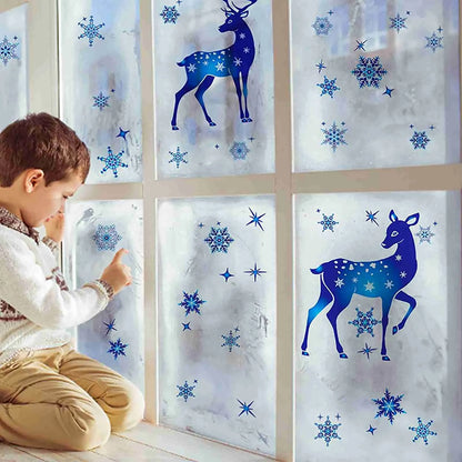 Christmas Window Clings Ornament Snowflake Sticker Glass Window Decoration Sticker Christmas Blue Snowflake Elk Wall Sticker-HomeDecorDecals_com