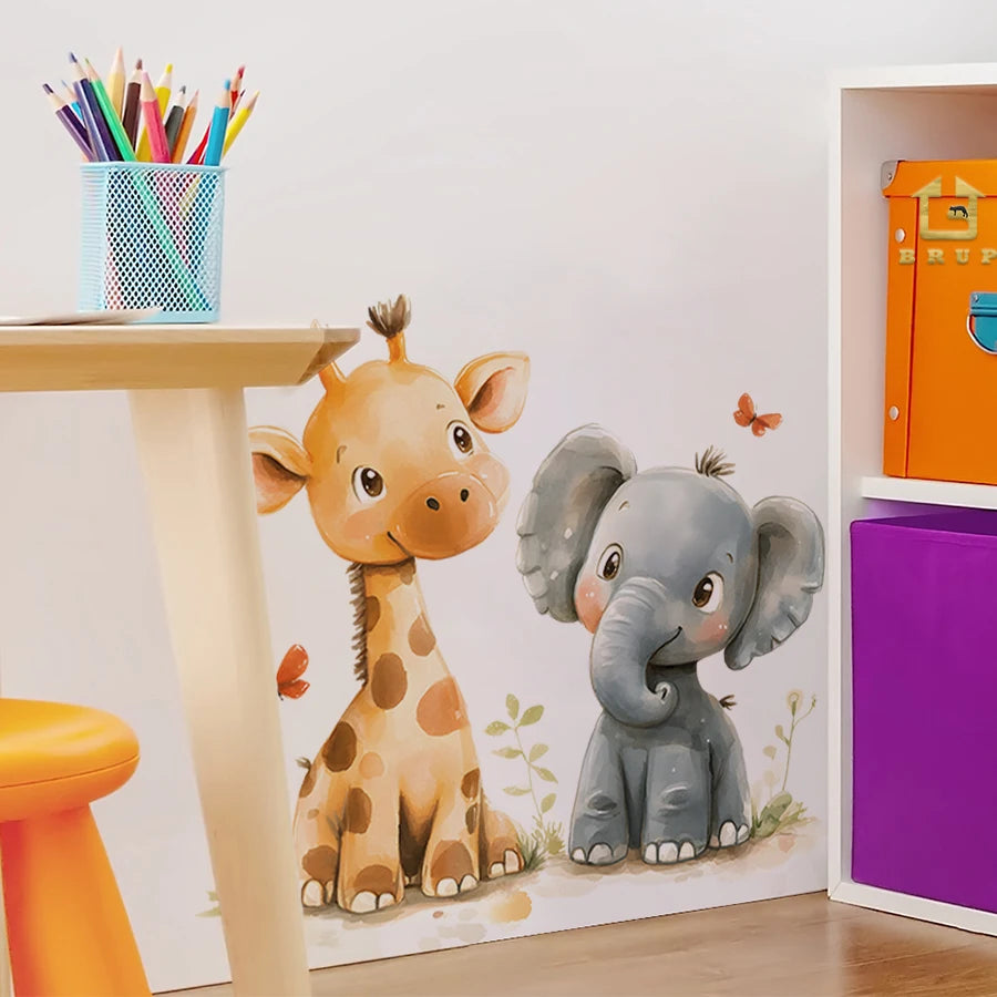 Cartoon Giraffe And Elephant Decal For Kids-HomeDecorDecals_com
