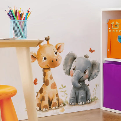 Cartoon Giraffe And Elephant Decal For Kids-HomeDecorDecals_com