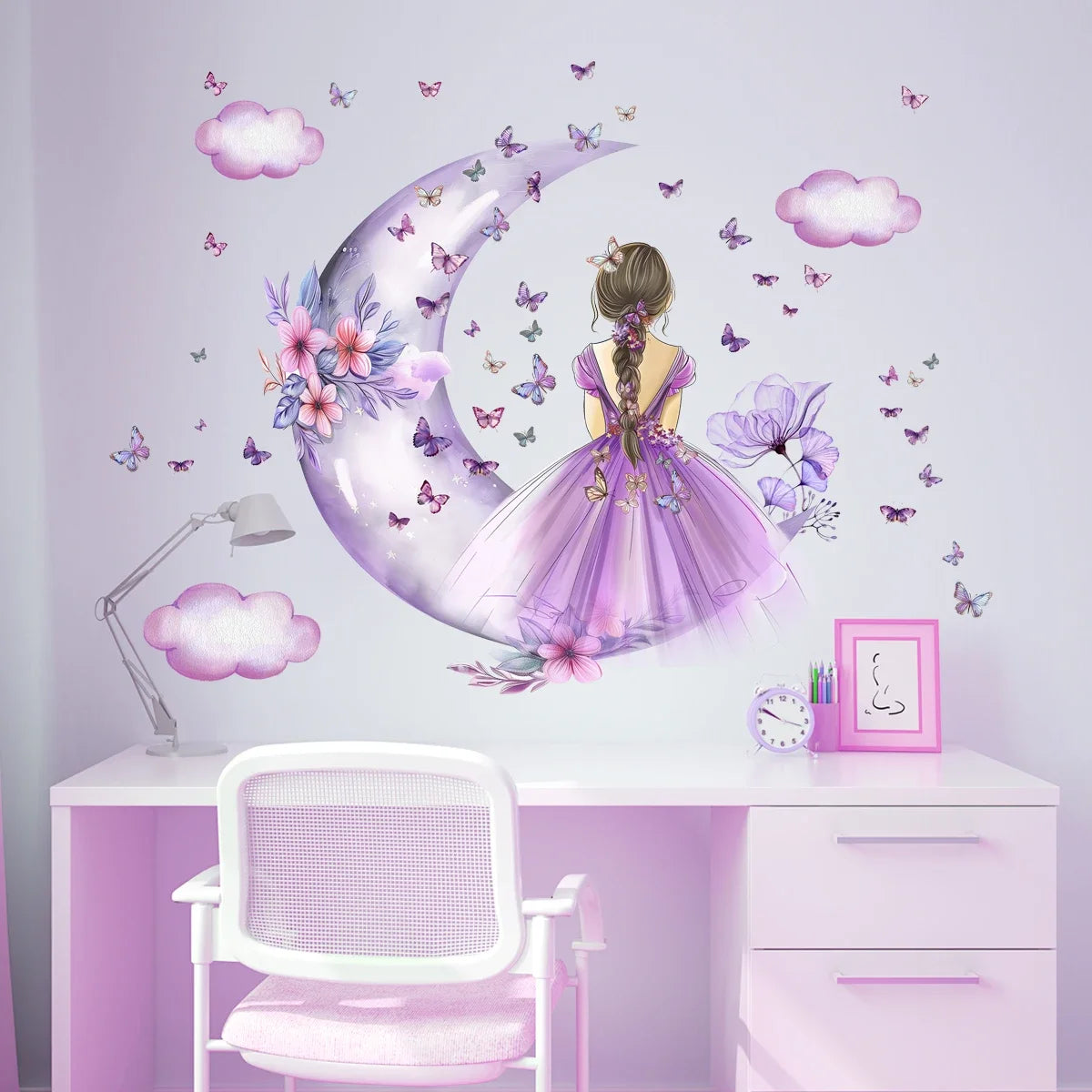 Girl Moon And Butterflies Wall Sticker for Kids Room-HomeDecorDecals_com