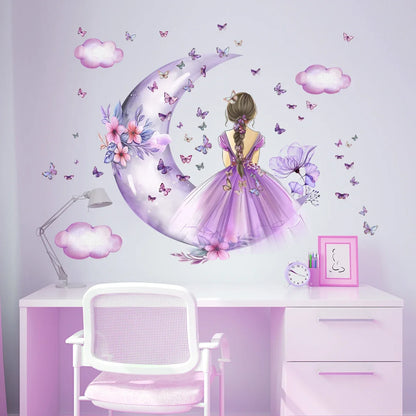 Girl Moon And Butterflies Wall Sticker for Kids Room-HomeDecorDecals_com