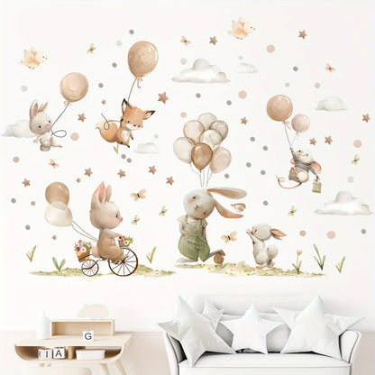 Cartoon Cute Rabbit Fox Balloon Grassland Forest Animal Wall Stickers for Bedroom Living Room Nursery Decoration Wall Decals-HomeDecorDecals_com