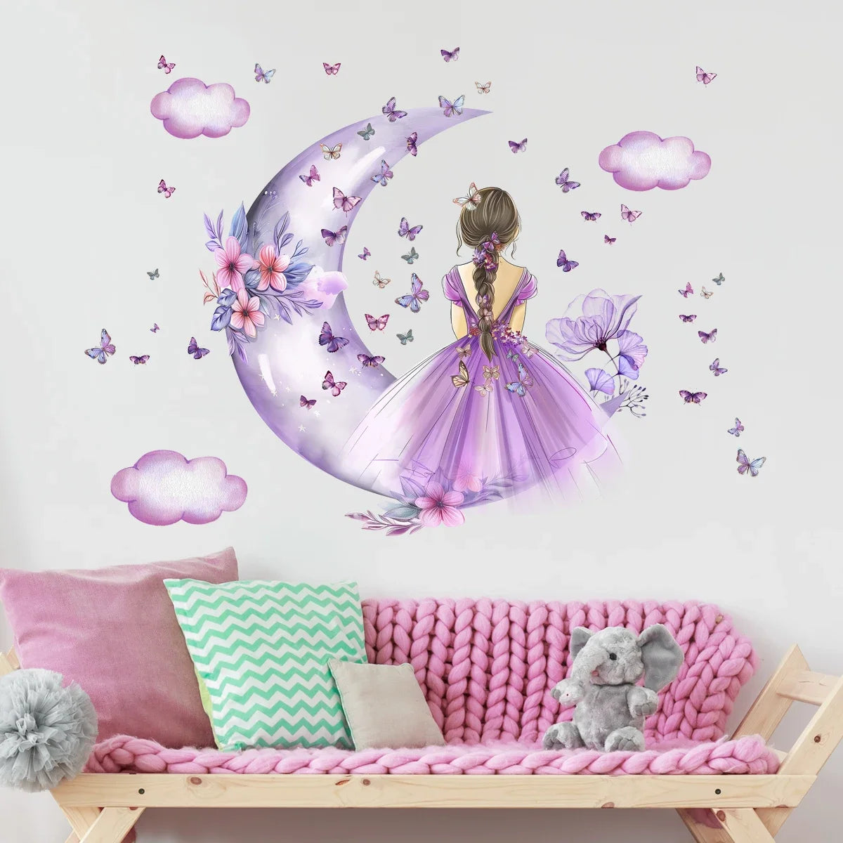 Girl Moon And Butterflies Wall Sticker for Kids Room-HomeDecorDecals_com