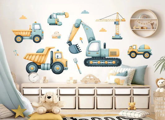 Watercolor Construction Excavator Vehicles Trucks Car Wall Stickers Decals Building Digger Playroom Bedroom Home Decor-HomeDecorDecals_com