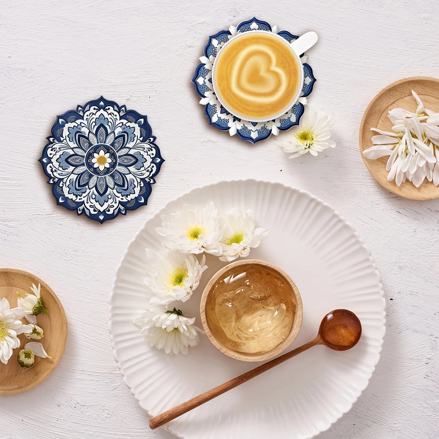 Alternative angle of Wood Mandala Flower Round Coasters | Home Decor by HomeDecorDecals.