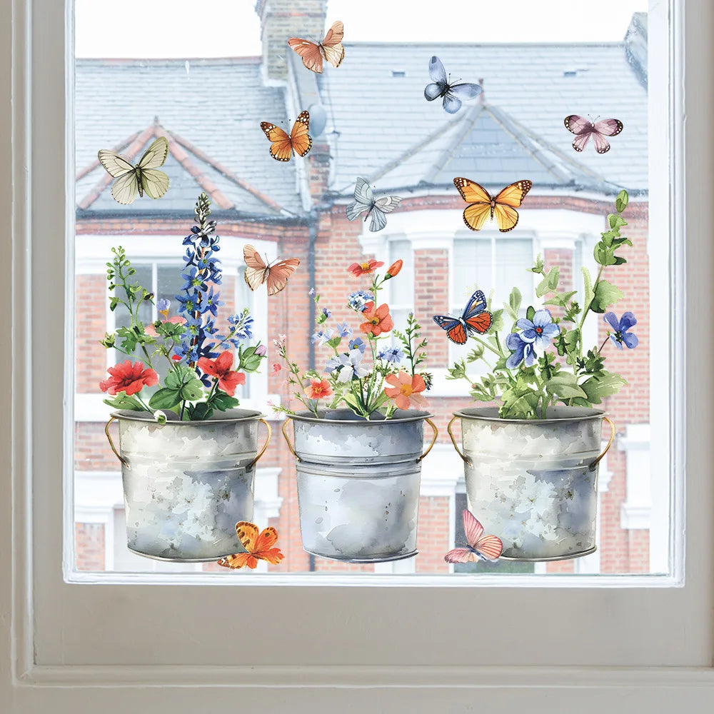 Iron Bucket Flower Pot and Butterfly Wall Decal | Home Decor removable peel and stick wall decal by HomeDecorDecals.