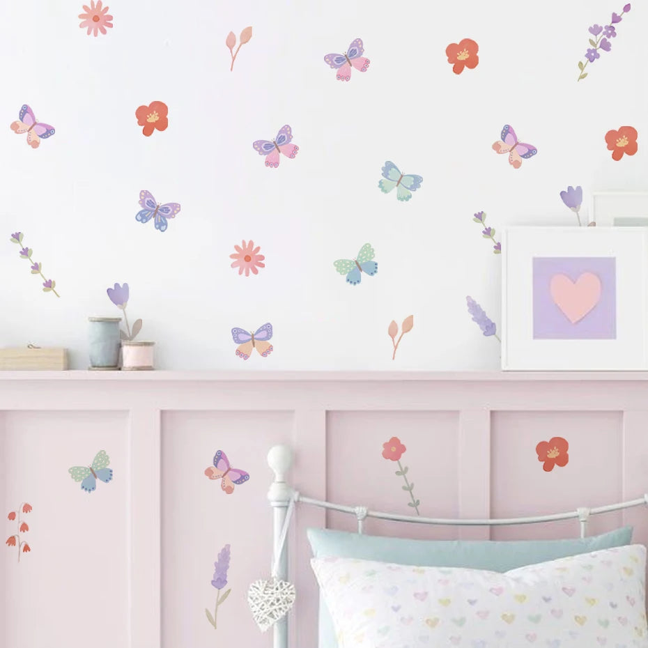 Watercolour Butterfly and Flowers Cartoon Wall Decal | Home Decor removable peel and stick wall decal by HomeDecorDecals.