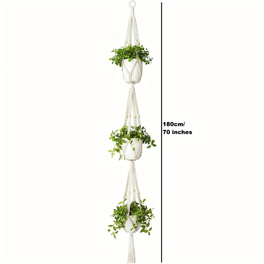 1pc, Macrame Double Plant Pendant Indoor Outdoor, 2 Tier/3Tier Hanging Planter Basket Cotton Rope With Beads 49 Inches/70 Inches-HomeDecorDecals_com