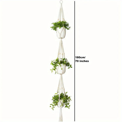 1pc, Macrame Double Plant Pendant Indoor Outdoor, 2 Tier/3Tier Hanging Planter Basket Cotton Rope With Beads 49 Inches/70 Inches-HomeDecorDecals_com