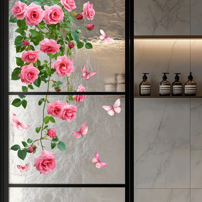 Pink Rose and Butterfly Window Decal | Home Decor removable peel and stick wall decal by HomeDecorDecals.